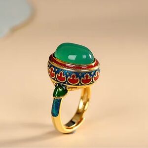 Colorful Bohemian Ring with Green Stone